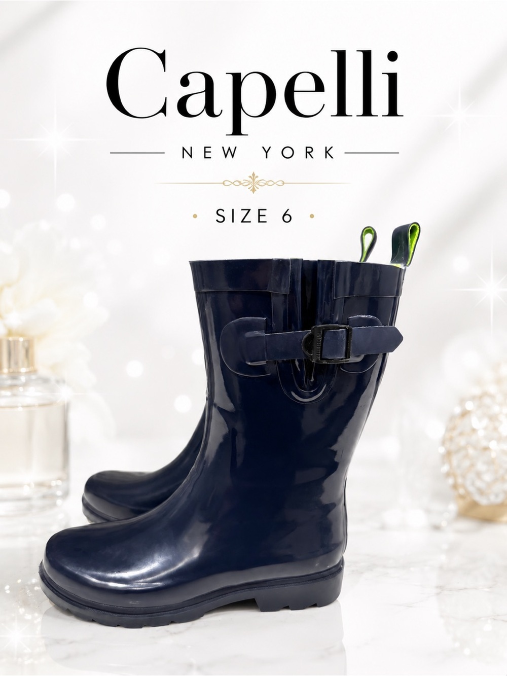 Capelli New York Navy Rain Boots Women’s Size 6 Waterproof Buckle Mid Calf
